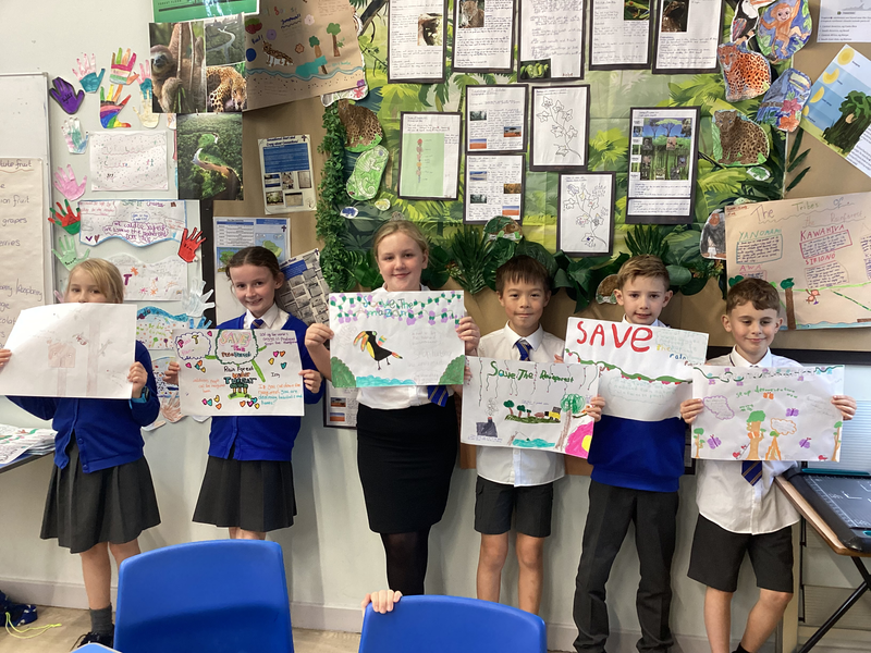 We have learned all about the rainforests of the world, such as The Amazon Rainforest, in this half term's adventure. We have studied the location, the layers, the animals and the people of the rainforests. Wehave learned about the dangers that threaten the rainforests, such as deforestation and climate change. Many people are trying to help to protect the rainforests, we have created posters to try and pursuade even more people to help ensure that these wonderful, important areas of our planet are not destryyed any more.