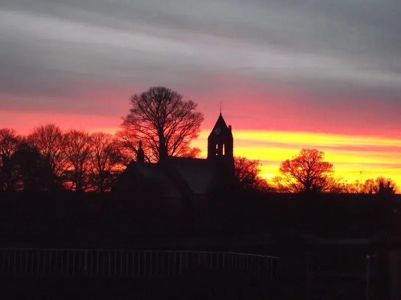 Church at sunset seen from school