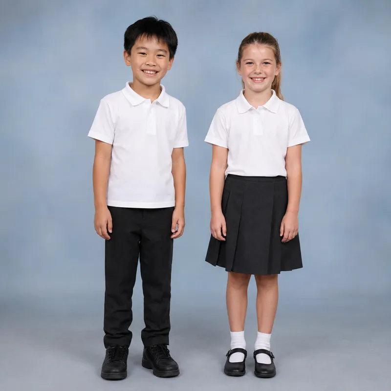 Boy wearing white polo shirt and black trousers. Girl wearing white polo shirt and grey skirt.