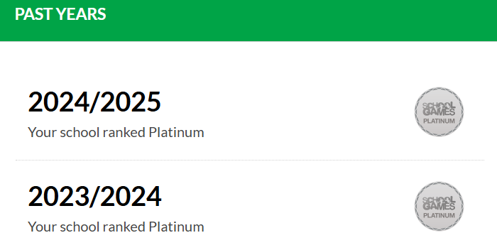 The School Games Mark is a government-led award scheme. It celebrates schools' commitment to developing competitive sport within their school and community. It allows schools to assess their PE provision and create an action plan for improvement. We are proud to currently hold platinum status. 