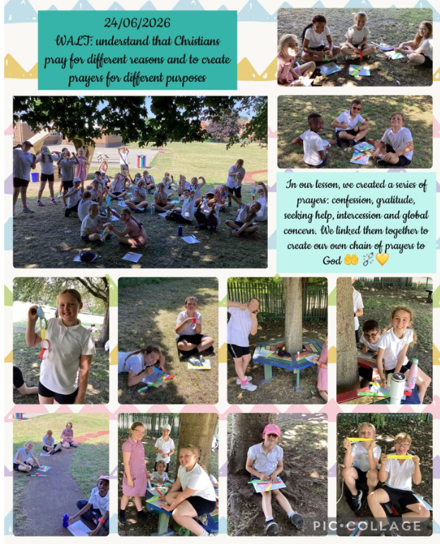 Year 5 enjoyed some creative time outside making their own prayer chains. Each colour represented a different type of prayer, including prayers to say sorry, give thanks, pray for others, share their hopes for the world and care for our world. The children showed thoughtful reflection and creativity, and they had lots of fun creating their colourful chains of prayers!