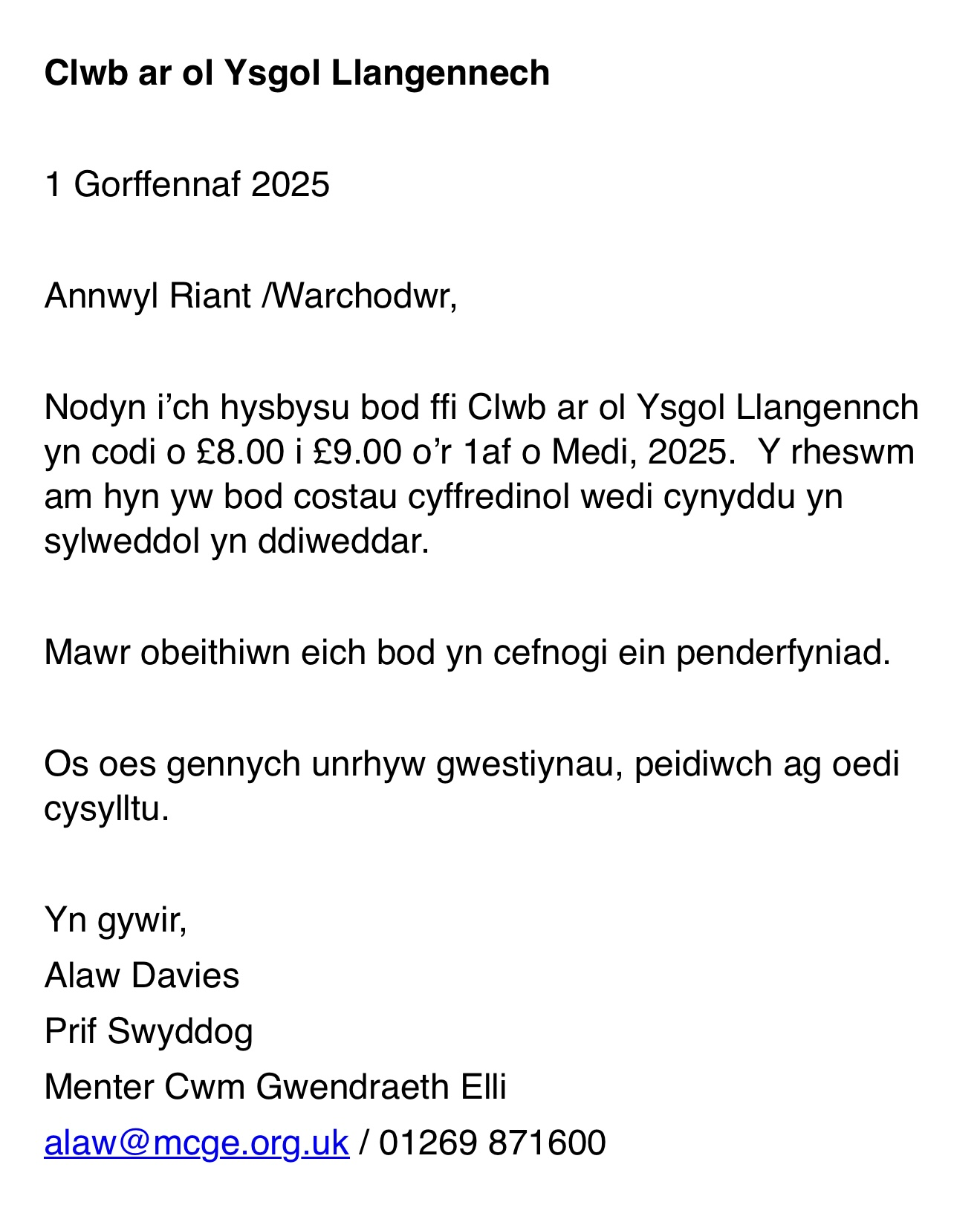 Llythyr Clwb / Club Letter