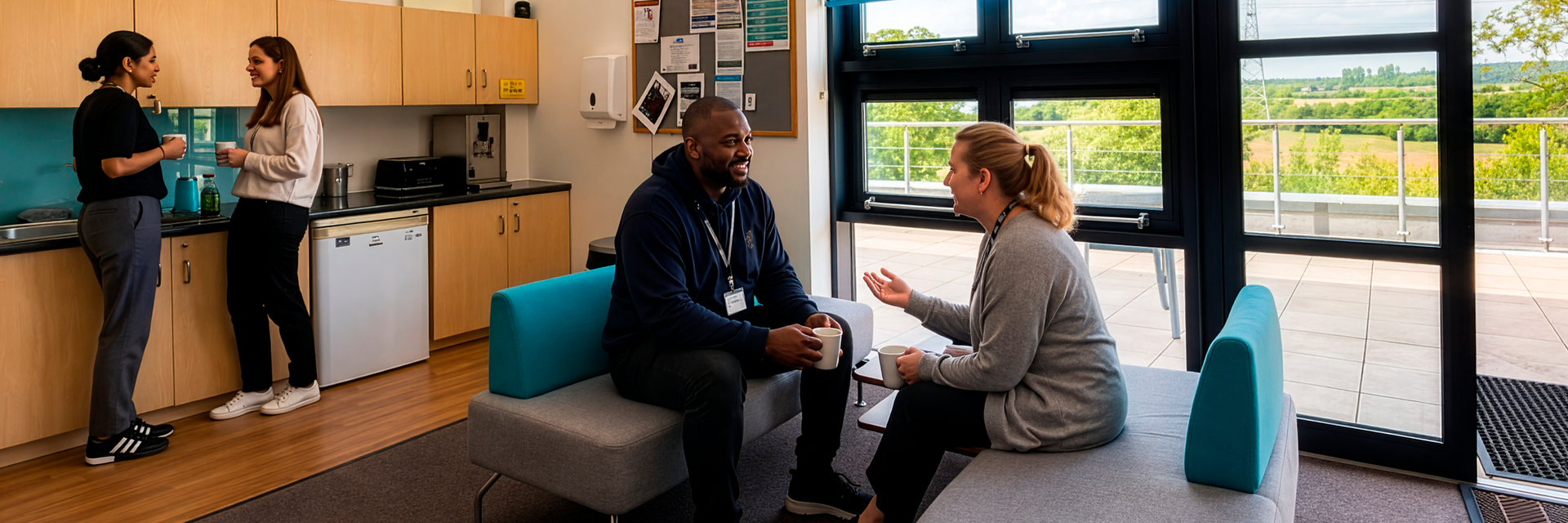 Staff members chatting together over drinks in the staffroom.