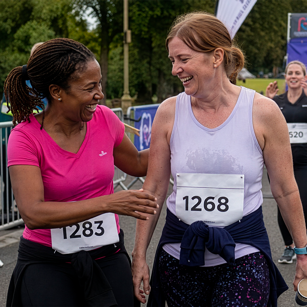 Two runners celebrating together after crossing the finish line at a fundraising event.