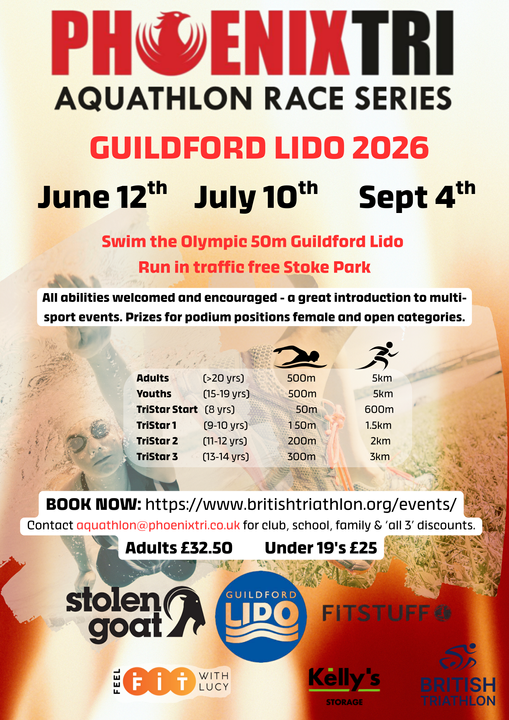 Phoenix Triathlon Club is thrilled to host a three-part Aquathlon Race Series at the Guildford Lido this summer. Designed to be fun, friendly, and accessible, these events are the perfect introduction to multi-sport racing for beginners, while also offering a fantastic local race opportunity for seasoned athlete. We are offering exclusive discount codes for schools, clubs, families, or individuals entering all three races. Email aquathlon@phoenixtri.co.uk to secure your discount code or to ask any questions. Entries are open now! You can also secure your spots directly via the British Triathlon events page.