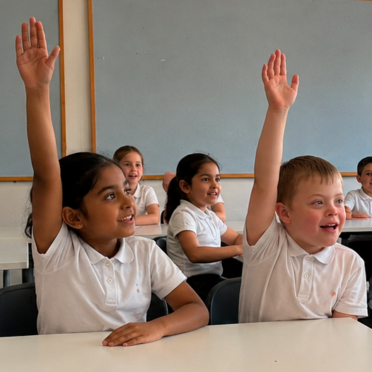 Pupils enthusiastically raising their hands during a classroom lesson.