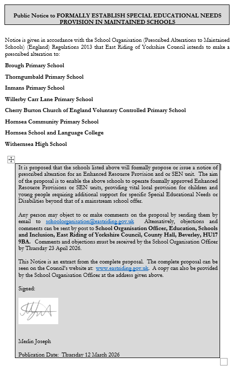 Public notice to formally establish Special Educational Needs provision in maintained schools 