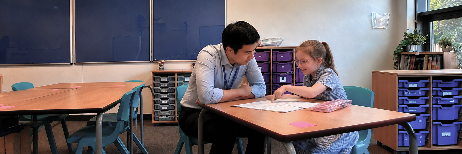 Teacher supporting a pupil with her work at a classroom table.