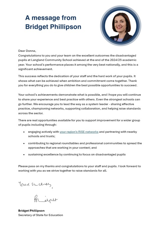 Message from Secretary of State re disadvantaged outcomes January 2025