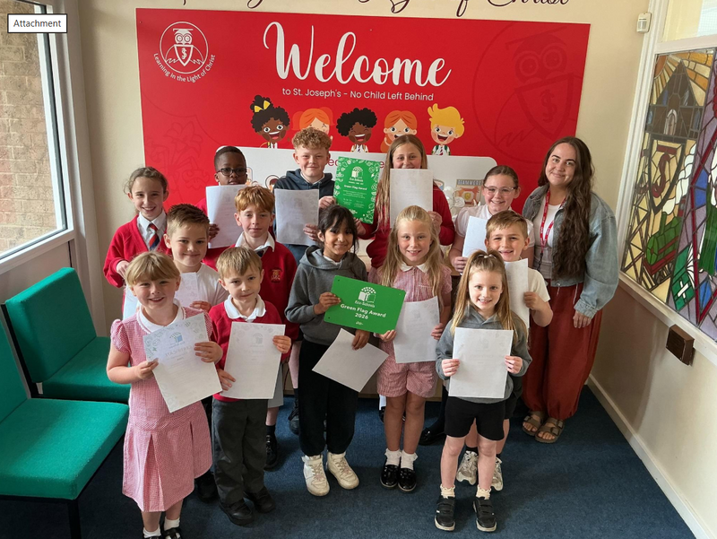 I am delighted to announce that St. Joseph's has been awarded the prestigious Green Flag Award, recognising our ongoing commitment to environmental sustainability and our dedication to creating a greener future.  This achievement is the result of the hard work, enthusiasm and commitment shown by the wonderful Miss Wilmot and the Eco-Team. Through a range of environmental initiatives, including recycling projects, energy-saving campaigns, biodiversity improvements within the local community and outdoor learning opportunities, they have made a hugely positive difference to our environment.  The Green Flag Award is an internationally recognised symbol of excellence in environmental education and action. Receiving this award highlights the collective efforts of everyone involved in making St. Joseph's a more sustainable and environmentally responsible place to learn and grow.  I would like to thank all members of our school community for their support and contribution to this success and say a massive congratulations to Miss Wilmot and the Eco-Team in particular. Well done, St. Joseph's!
