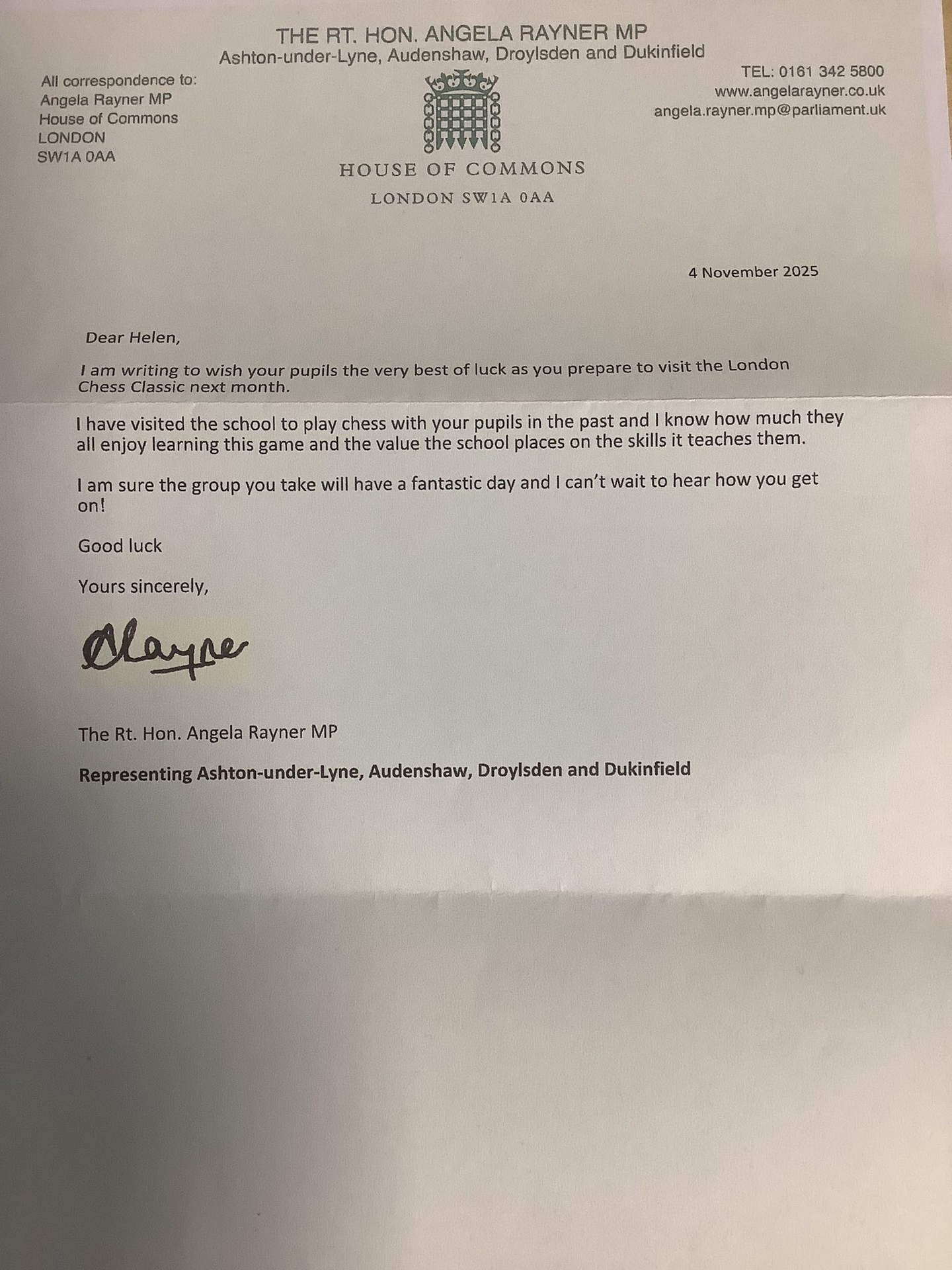 Letter from Angela Rayner (MP)