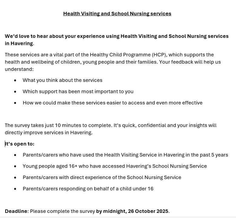 Health Visiting & School Nursing services Survey