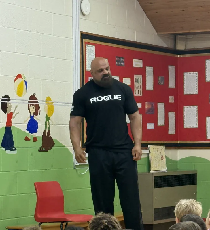 We were very lucky to have a visit from the inspirational Laurence Shahlaei, a former Strongman champion and strength coach who took an assembly about his career and offered tips about perseverance and teamwork. - image 2 We were very lucky to have a visit from the inspirational Laurence Shahlaei, a former Strongman champion and strength coach who took an assembly about his career and offered tips about perseverance and teamwork. - image 2