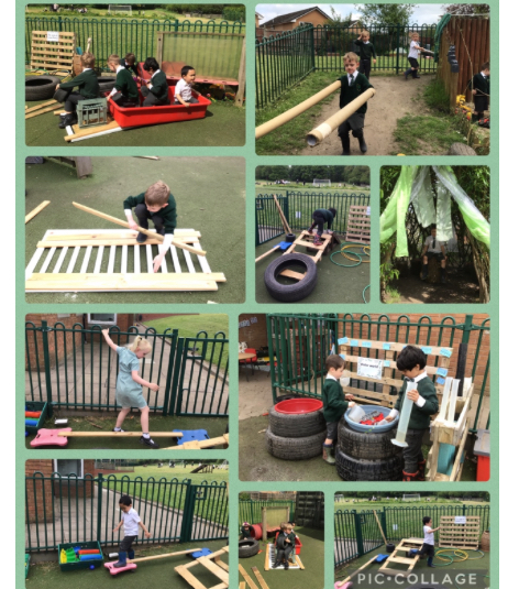 Working together to create our own obstacle courses! This helps with our physical and social developement!