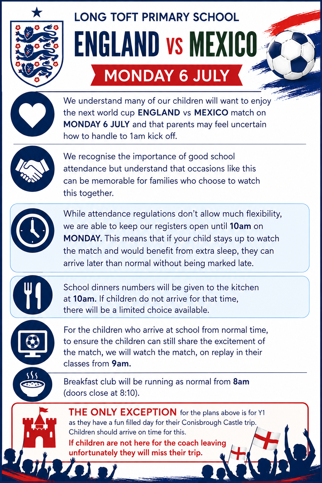 England vs Mexico Match - Monday 6 July - School Plans