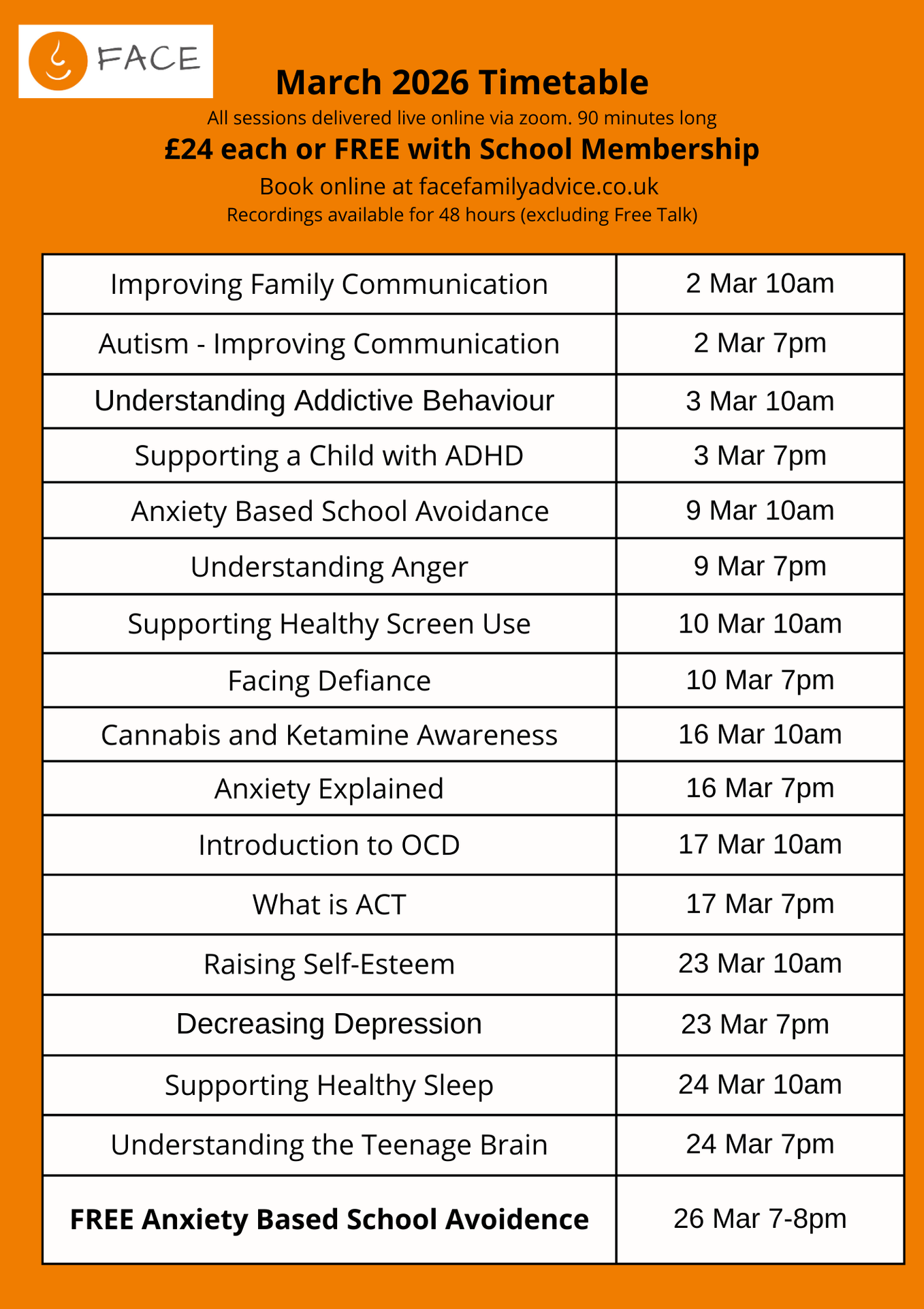 FACE March 2026 Timetable 