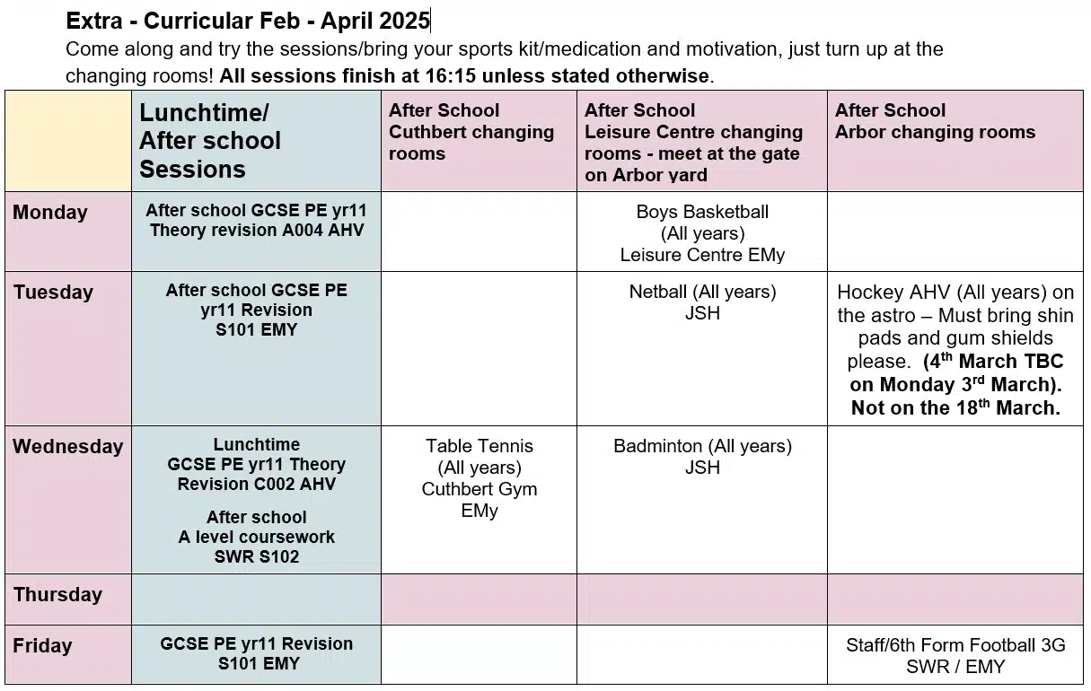 PE Extra Curricular Programme