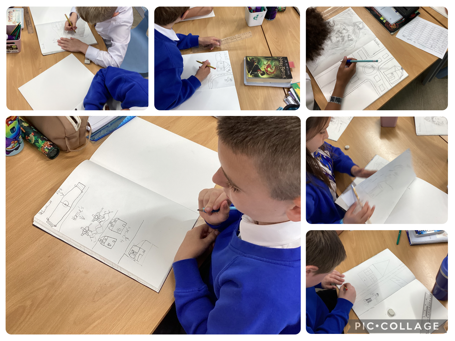 The children were staring into space today! We looked at this technique that Lauren Child uses and thought about what pops into our mind when we think of Clayhanger.