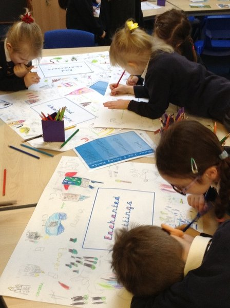 Working in groups to plan our traditional tales