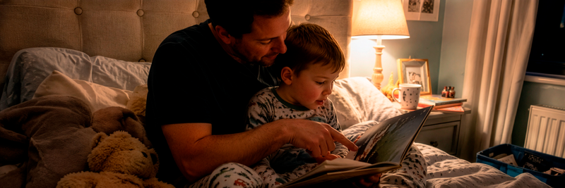 Father and son reading a bedtime story together.