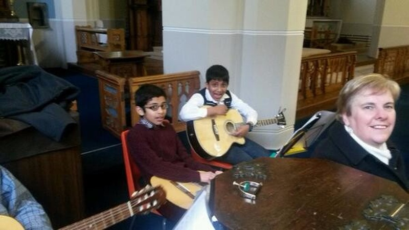 Every month, we have a Parish Youth Mass. Pupils, past pupils, staff and parents all contribute to the music and liturgy for the mass. Gilbert is very excited about playing at today's mass!