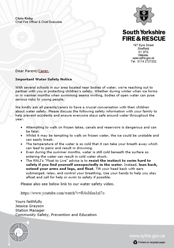 Water Safety Letter