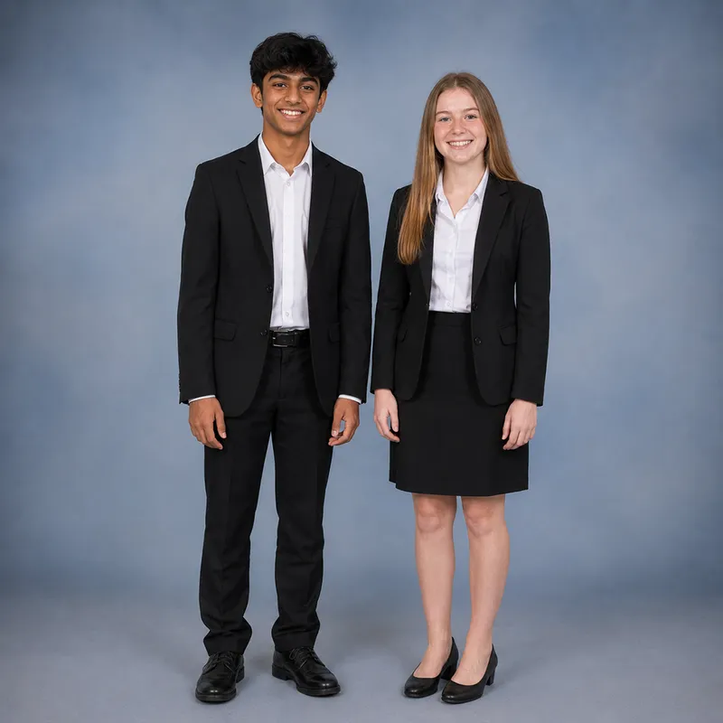 Boy wearing white shirt and black suit. Girl wearing white shirt, black blazer and skirt.