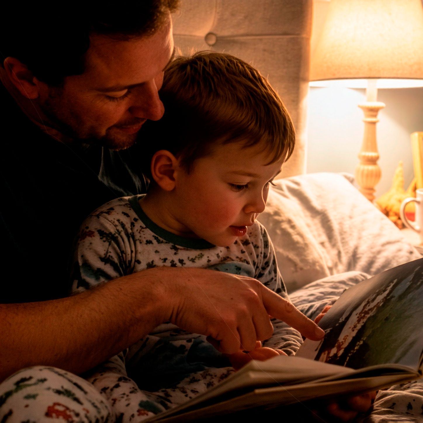 Father and son reading a bedtime story together.