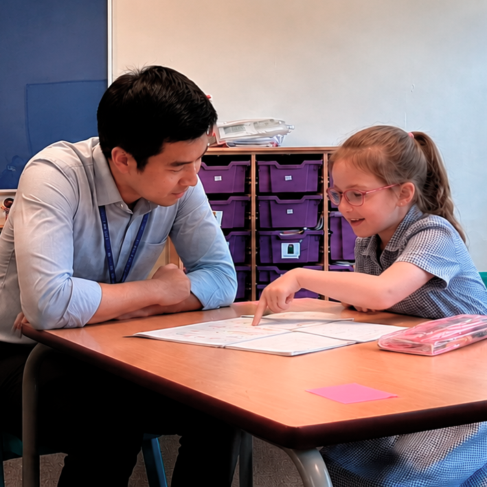 Teacher supporting a pupil with her work at a classroom table.