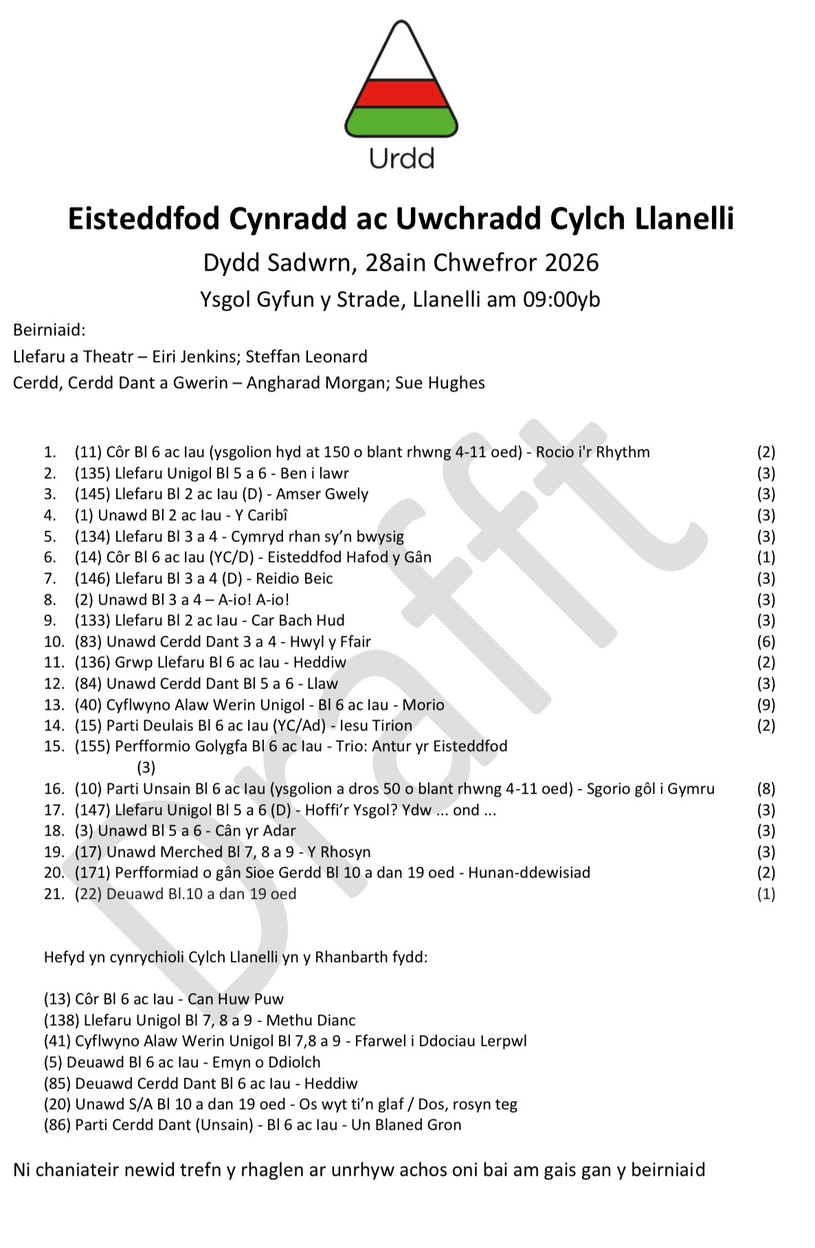 Amserlen Eisteddfod Terfynol / Final Eisteddfod Timetable