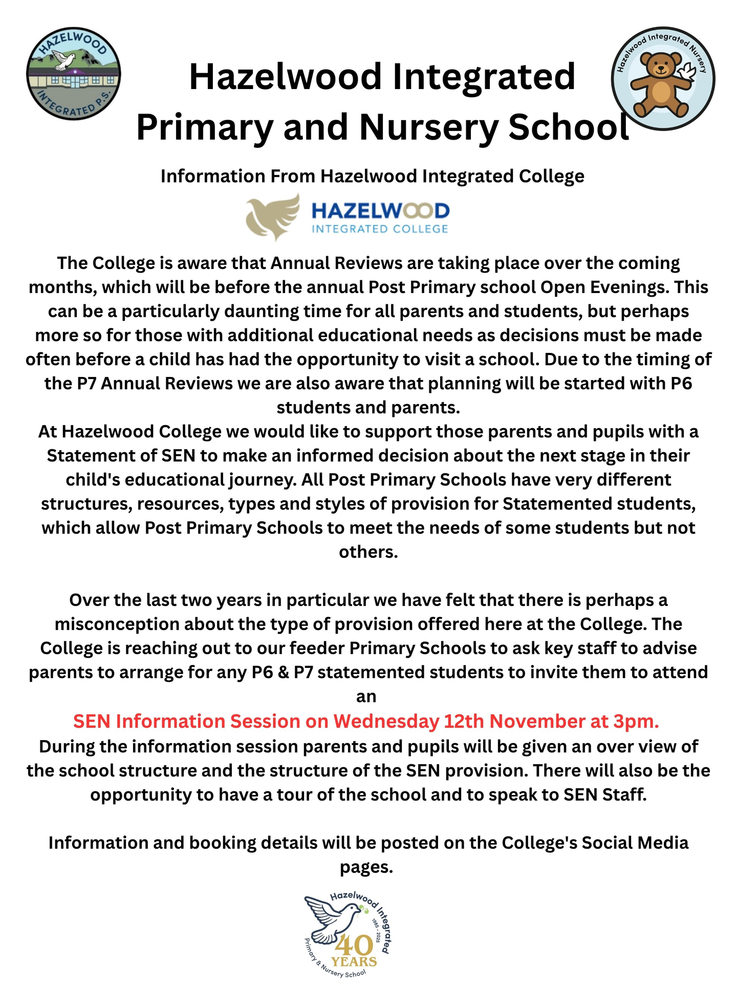 Hazelwood College SEN Information Session on Wednesday 12th November at 3pm.  