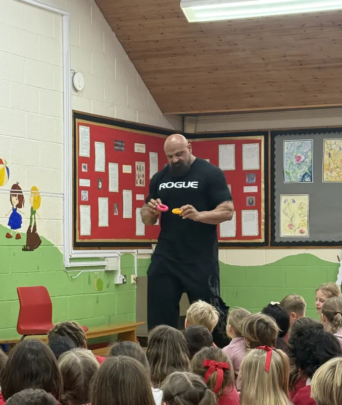 We were very lucky to have a visit from the inspirational Laurence Shahlaei, a former Strongman champion and strength coach who took an assembly about his career and offered tips about perseverance and teamwork. - image 3 We were very lucky to have a visit from the inspirational Laurence Shahlaei, a former Strongman champion and strength coach who took an assembly about his career and offered tips about perseverance and teamwork. - image 3