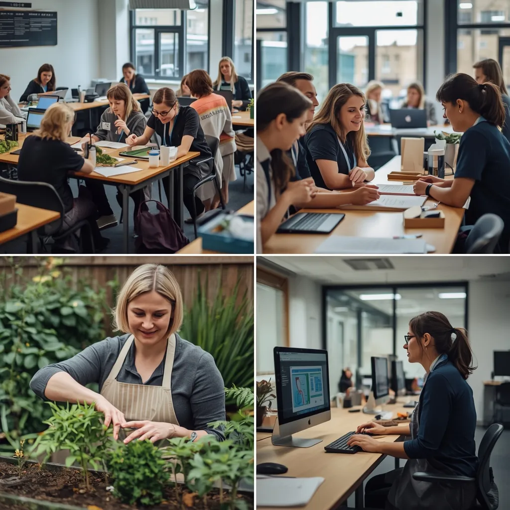 Students with special educational needs taking part in vocational training activities including catering, gardening, teamwork, and office skills at HBVC.