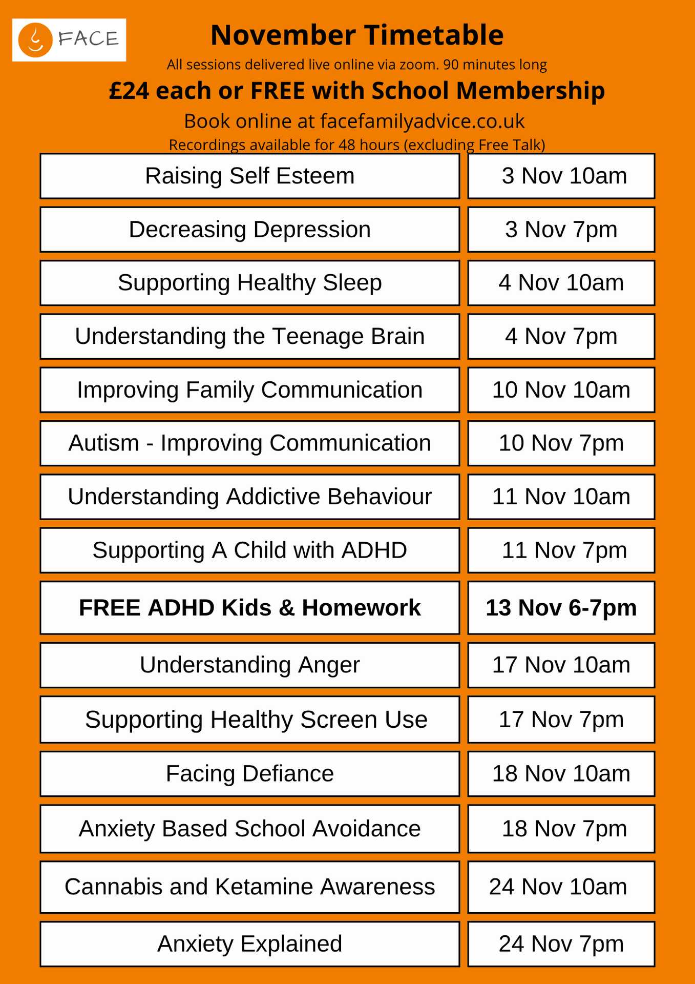 FACE Timetable November 2025