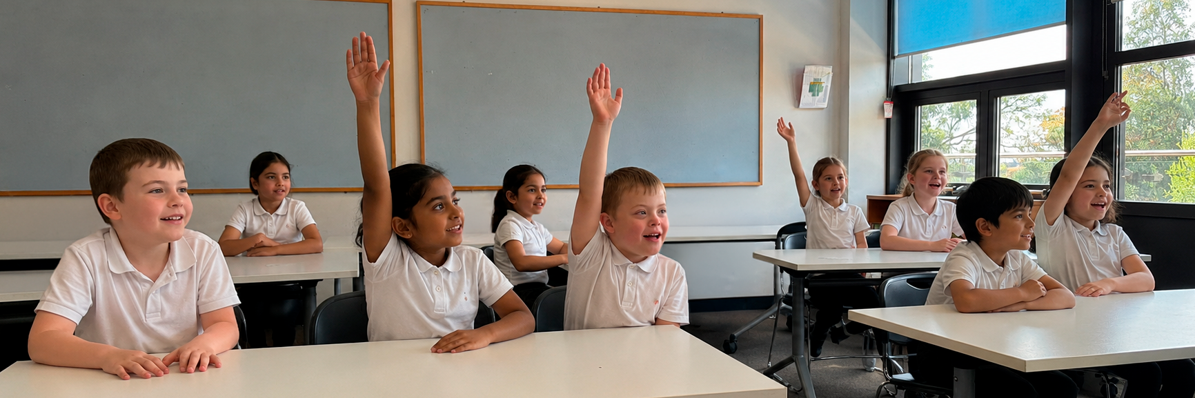 Pupils enthusiastically raising their hands during a classroom lesson.
