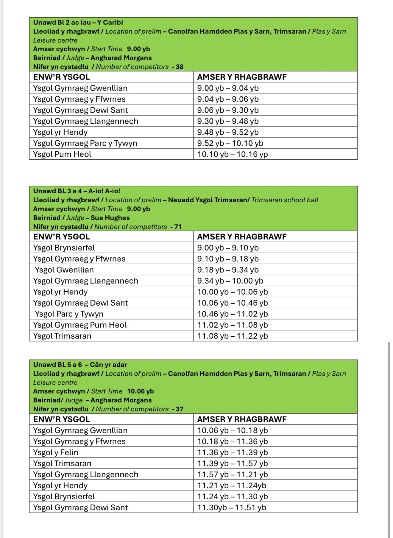 Amserlen Urdd Newydd / New Timetable 