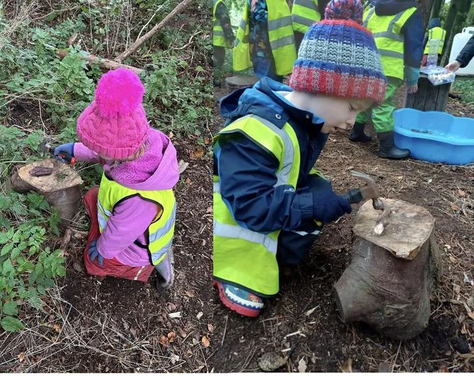 Autumn 2023 - 11th October - Acorns - Testing Natural Materials (strongest - using hammers; waterproof - Little Green Riding Hood cloaks; floating - boats) - image 2 Autumn 2023 - 11th October - Acorns - Testing Natural Materials (strongest - using hammers; waterproof - Little Green Riding Hood cloaks; floating - boats) - image 2
