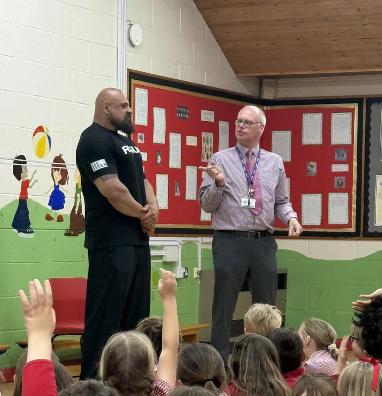 We were very lucky to have a visit from the inspirational Laurence Shahlaei, a former Strongman champion and strength coach who took an assembly about his career and offered tips about perseverance and teamwork. - image 4 We were very lucky to have a visit from the inspirational Laurence Shahlaei, a former Strongman champion and strength coach who took an assembly about his career and offered tips about perseverance and teamwork. - image 4